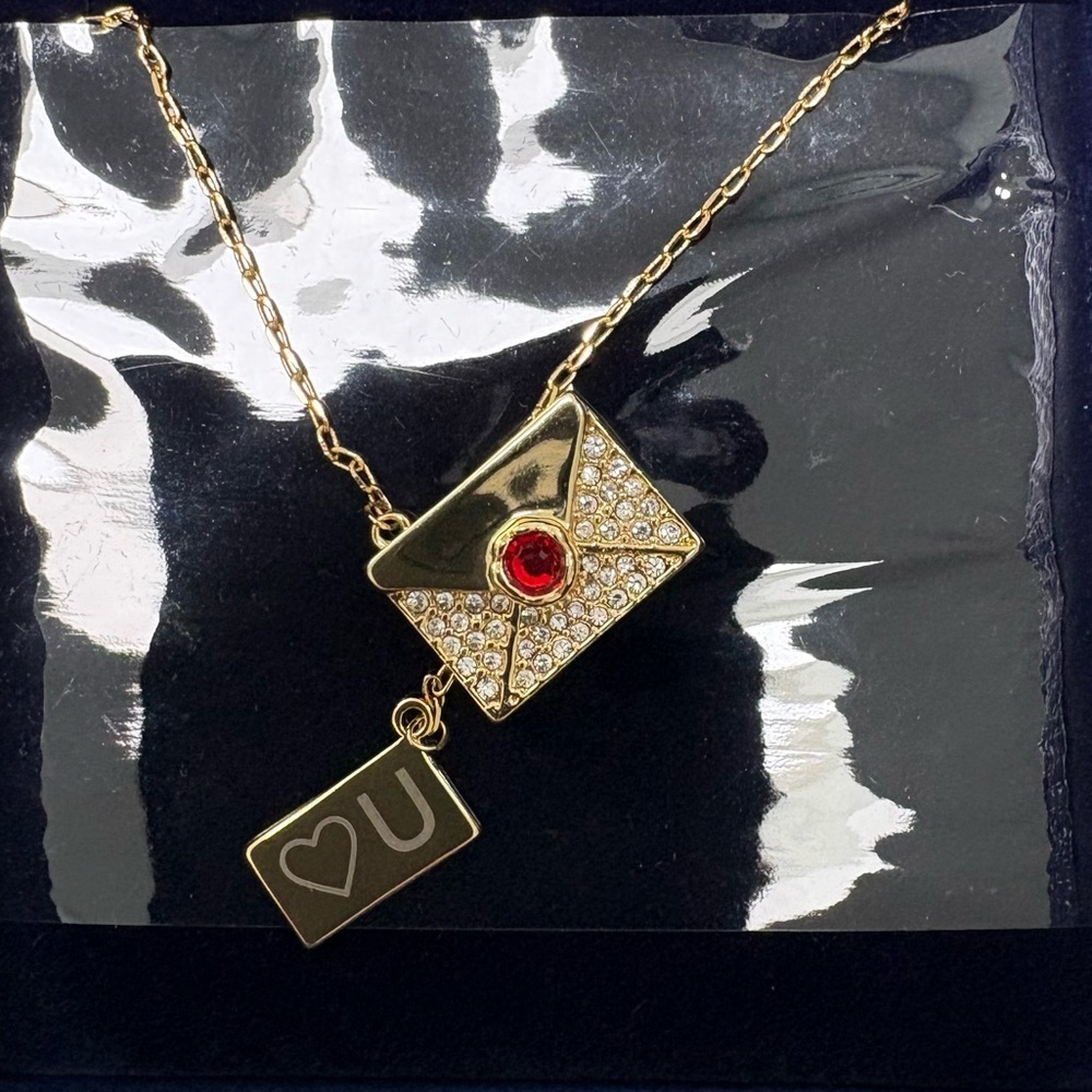 Swarovski Love Letter Envelope Pendant Necklace Gold Red Crystal NWT Box - Picture 2 of 4